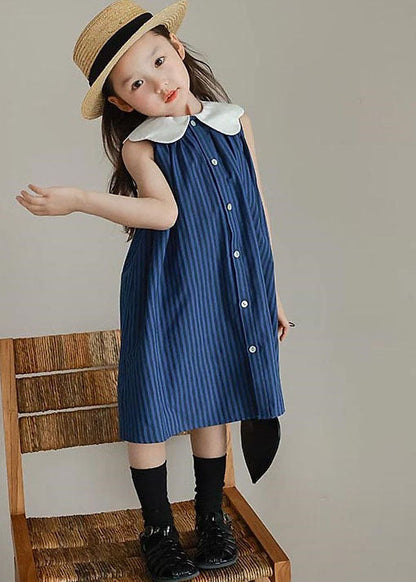 Boutique Blue Peter Pan Collar Striped Patchwork Cotton Baby Dresses Summer