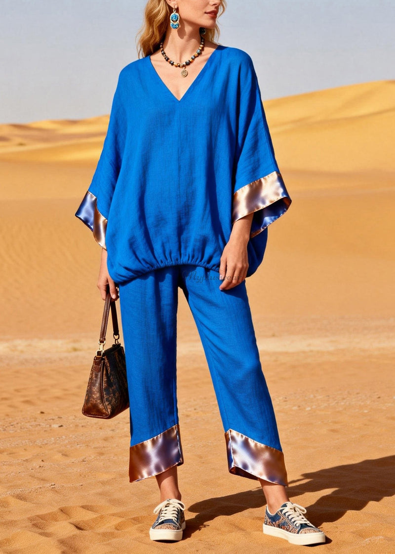 Boutique Blue Top and Pants Silk Patchwork Linen Two Pieces Set Summer