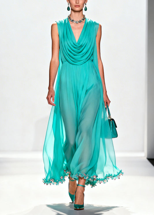 Boutique Blue Turtle Neck Patchwork Flower Lace Chiffon Maxi Dress Summer