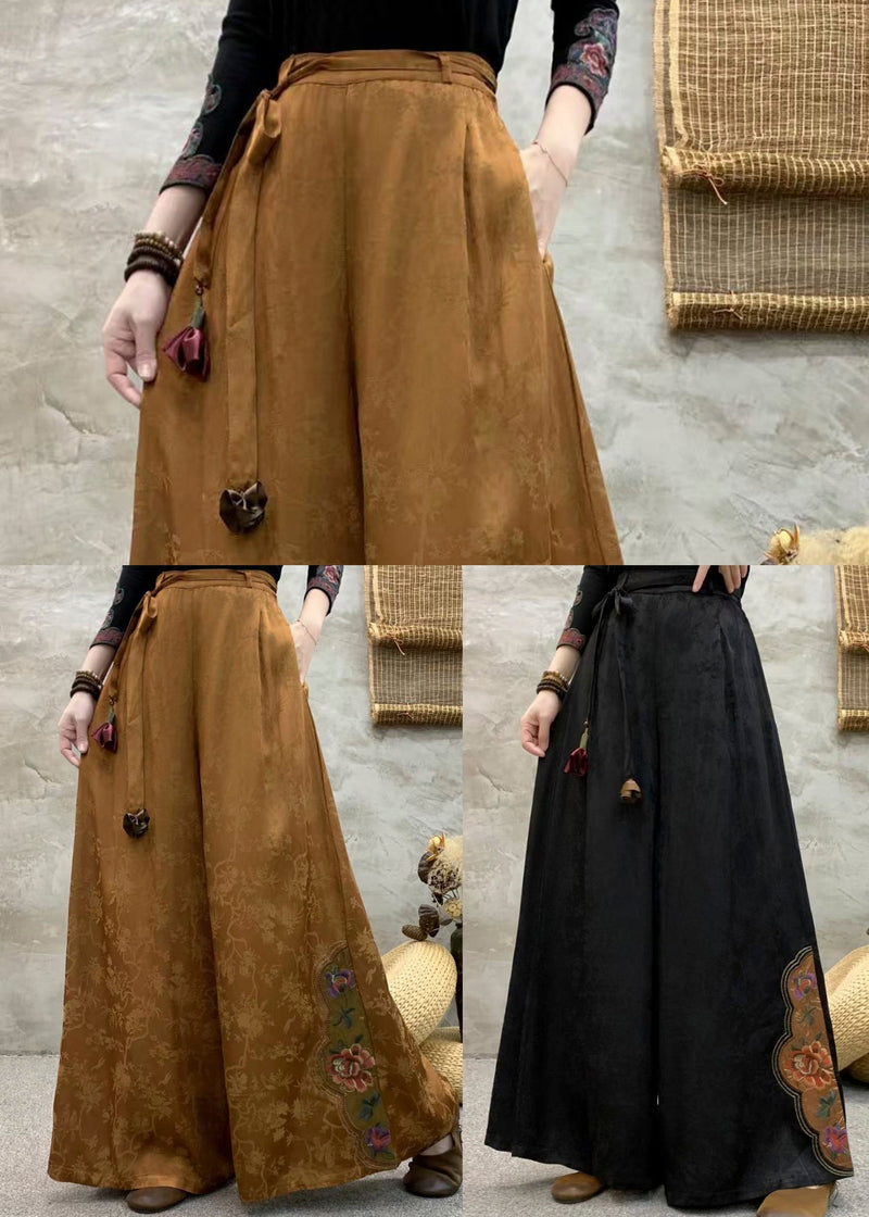Boutique Brown Embroidered Pockets Silk Pants Fall