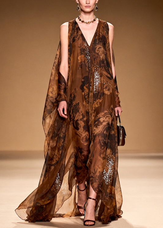 Boutique Brown Print With Rhinestone Silk Robe Dresses Summer