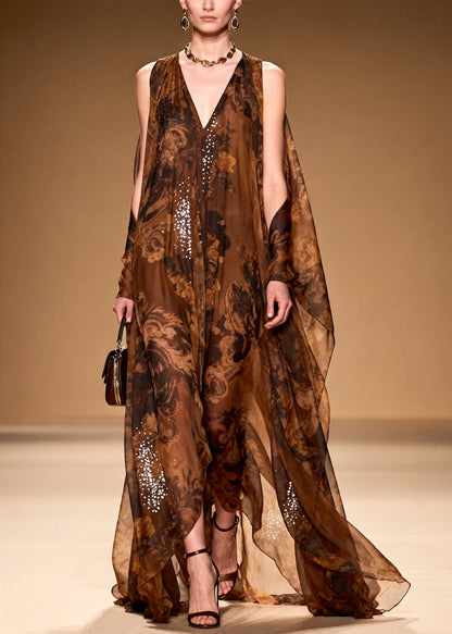 Boutique Brown Print With Rhinestone Silk Robe Dresses Summer