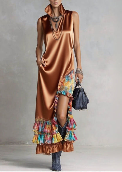 Boutique Caramel Ruffled Asymmetrical Design Silk Dress Sleeveless
