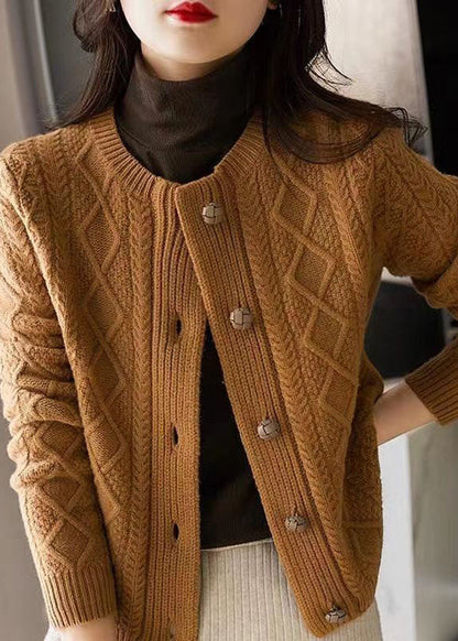 Boutique Chocolate O-neck Button Thick Cable Knit Cardigans Winter