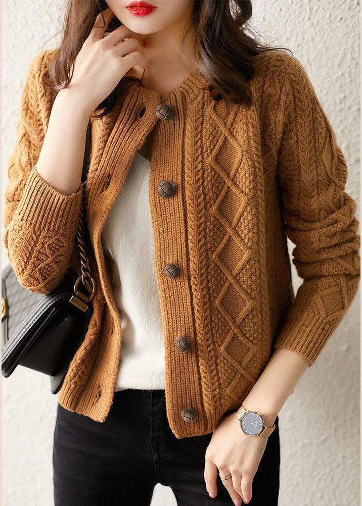 Boutique Chocolate O-neck Button Thick Cable Knit Cardigans Winter