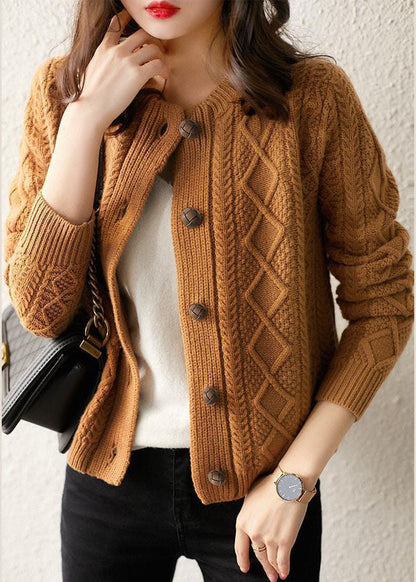 Boutique Chocolate O-neck Button Thick Cable Knit Cardigans Winter