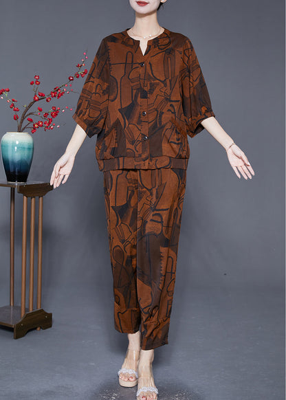 Boutique Coffee Print Pockets Silk Sets 2 Pieces Summer