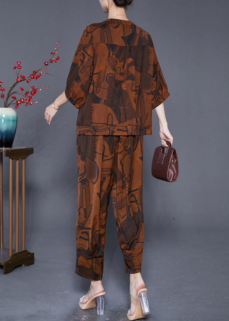 Boutique Coffee Print Pockets Silk Sets 2 Pieces Summer