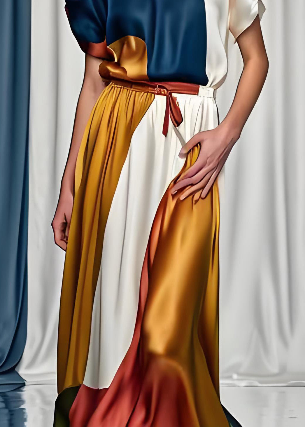 Boutique Colorblock O Neck Tops and Skirts Silk Two Pieces Set Summer