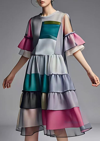 Boutique Colorblock Plaid Patchwork Wrinkled Chiffon Long Dress Half Sleeve