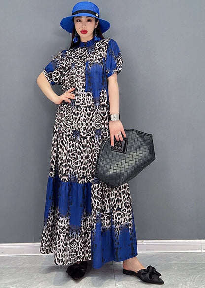 Boutique Colorblock Stand Collar Leopard Print Chiffon Vacation Dresses Short Sleeve