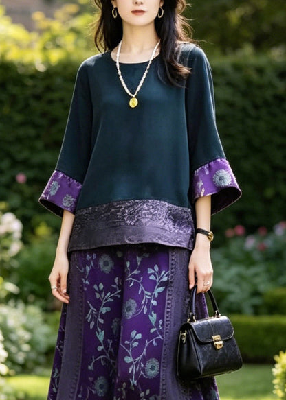 Boutique Dark Blue O-neck Patchwork Silk T Shirts and Wide Leg Pants Two Piece Set Summer