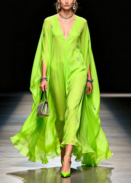 Boutique Fluorescen Green V Neck Zircon Chiffon Dress Summer