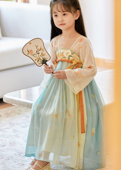 Boutique Gradient Color Embroideried Wrinkled Chiffon Kids Long Dresses Summer