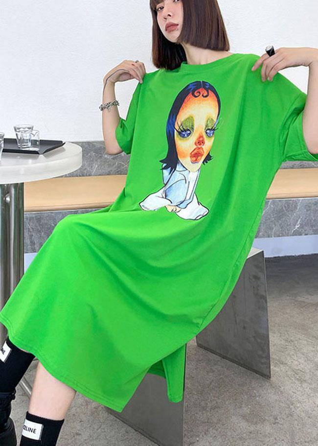 Boutique Green Character Pattern Side Open Long Dress