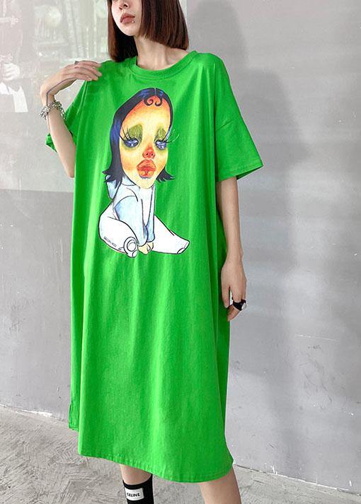 Boutique Green Character Pattern Side Open Long Dress