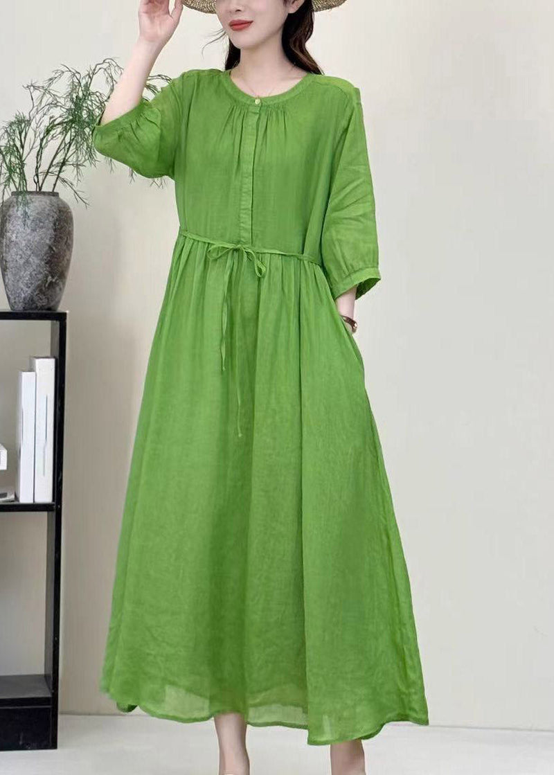 Boutique Green O-neck Patchwork Linen Long Dress Half Sleeve