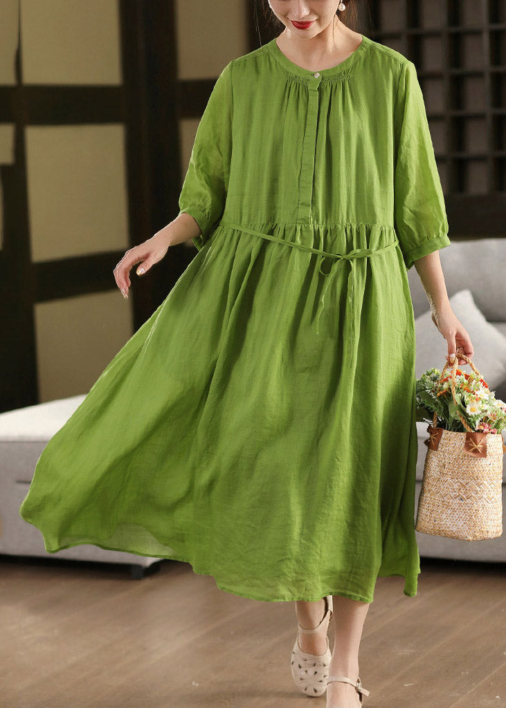 Boutique Green O-neck Patchwork Linen Long Dress Half Sleeve