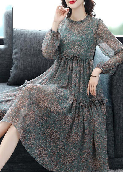Boutique Green O-neck Ruffled Print Chiffon Dresses Half Sleeve