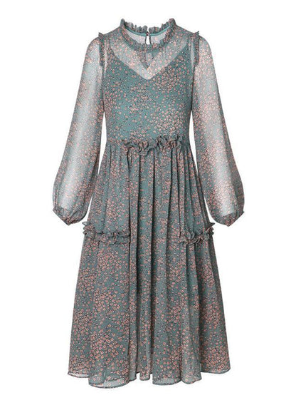 Boutique Green O-neck Ruffled Print Chiffon Dresses Half Sleeve