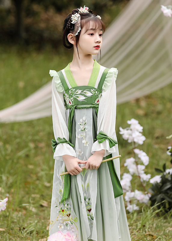 Boutique Green Ruffled Embroideried Patchwork Chiffon Kids Dress Long Sleeve