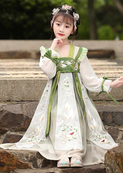 Boutique Green Ruffled Embroideried Patchwork Chiffon Kids Dress Long Sleeve