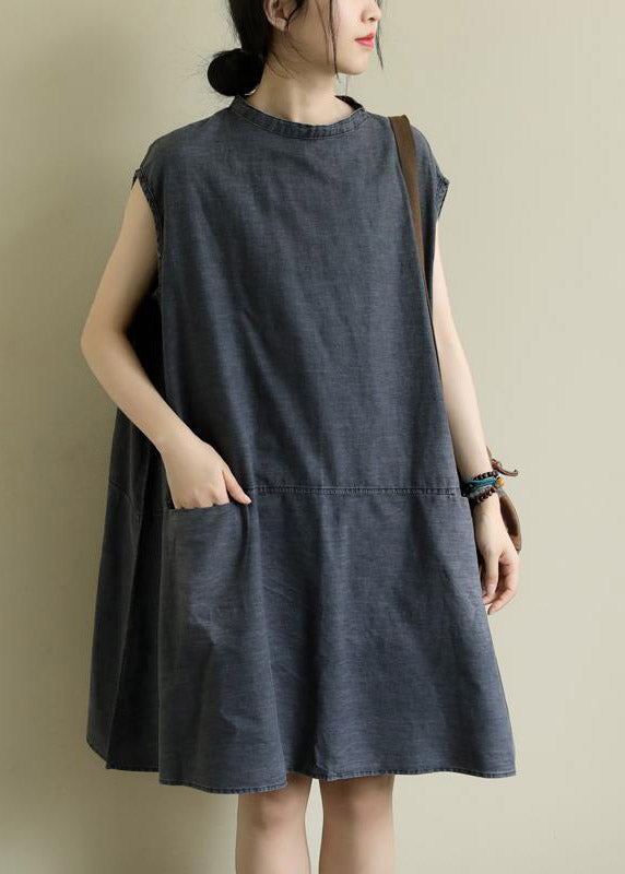 Boutique Grey Stand Collar Patchwork Mid Dress Summer
