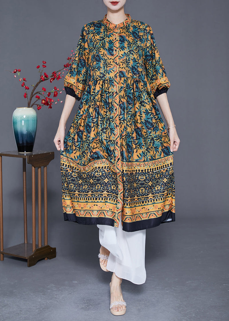 Boutique Khaki Stand Collar Print Silk a Line Dress Summer