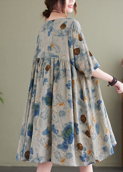 Boutique Lake Blue O-neck Wrinkled Print Linen Maxi Dresses Short Sleeve