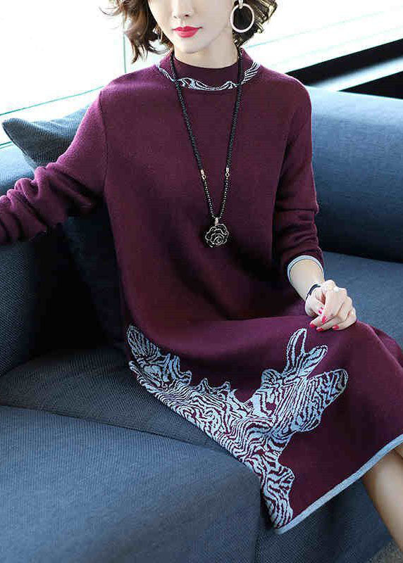 Boutique Mulberry O-neck Jacquard Knit Sweater Dress Winter