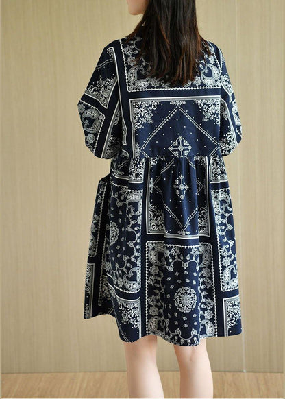 Boutique Navy Loose O-neck Print Summer Cotton Dress Half Sleeve