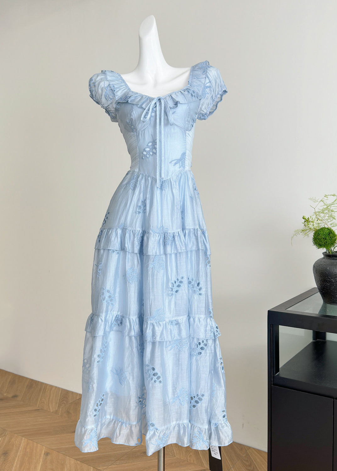 Boutique Orange O-neck Tie Lace Hollow Out Silk Long Dress Summer