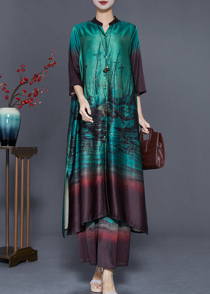 Boutique Peacock Green Print Side Open Silk Sets 2 Pieces Summer