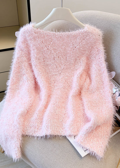 Boutique Pink Faux Mink Hair Knitted Cozy Sweater Winter