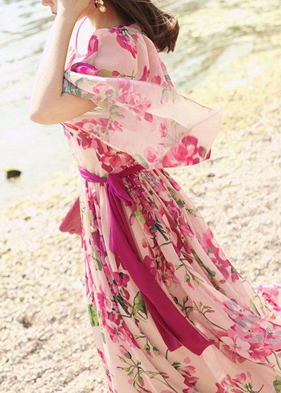 Boutique Pink O-neck Print Tie Waist Silk Long Dress Half Sleeve