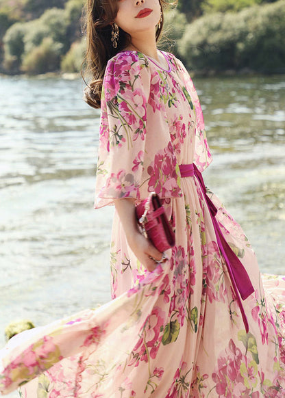 Boutique Pink O-neck Print Tie Waist Silk Long Dress Half Sleeve