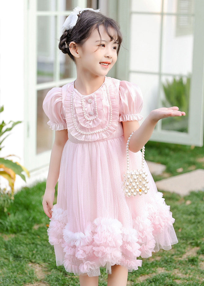 Boutique Pink Puff Sleeve Nail Bead Tulle Baby Mid Dress Summer