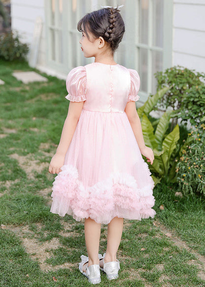 Boutique Pink Puff Sleeve Nail Bead Tulle Baby Mid Dress Summer