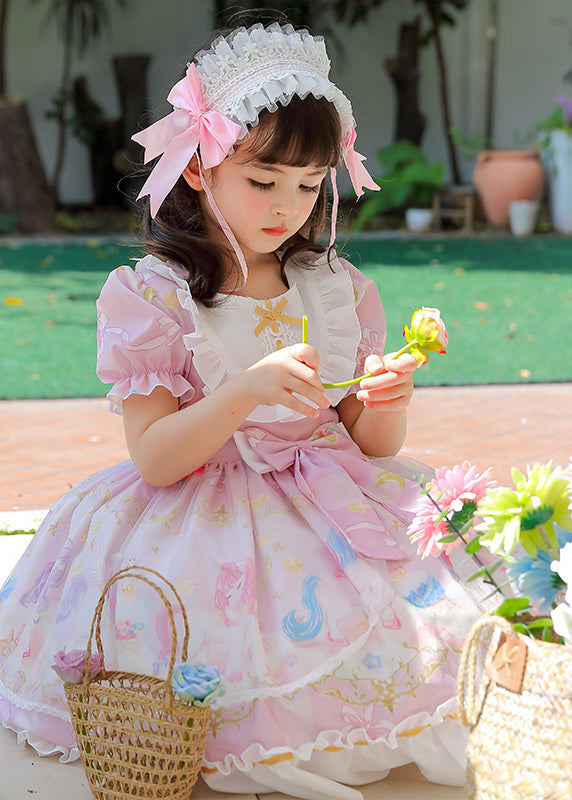 Boutique Pink Puff Sleeve Print Bow Chiffon Kids Maxi Dresses Summer