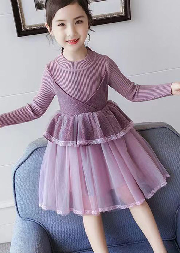 Boutique Purple O Neck Tulle Patchwork Knit Baby Dress Fall