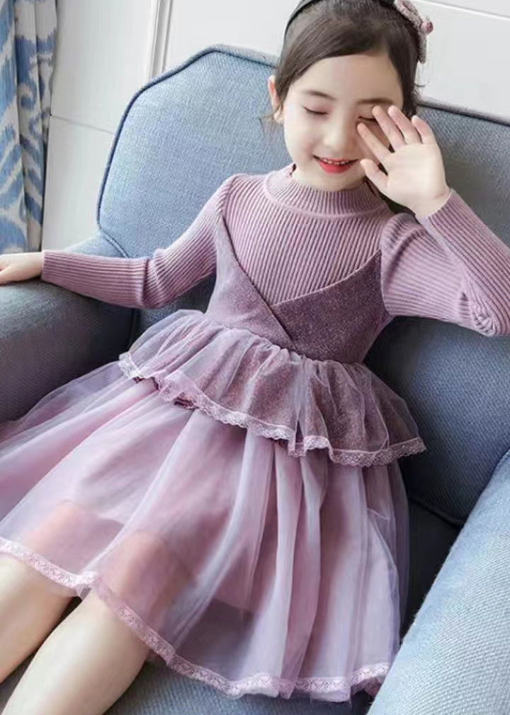 Boutique Purple O Neck Tulle Patchwork Knit Baby Dress Fall