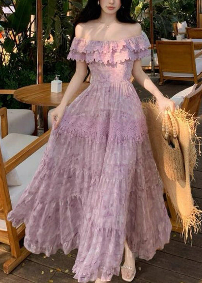 Boutique Purple Ruffled Patchwork Lace Strapless Dress Summer