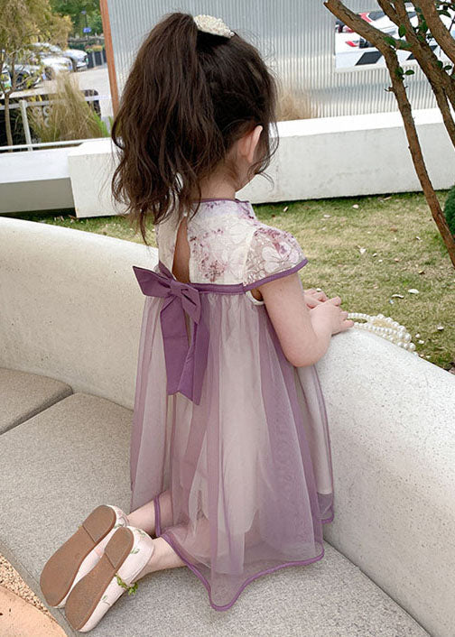 Boutique Purple Tasseled Bow Patchwork Tulle Kids Dress Summer