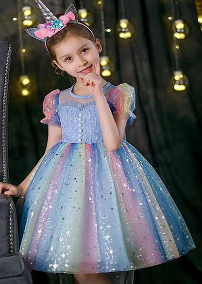 Boutique Rainbow Puff Sleeve Sequins Patchwork Tulle Baby Dress Summer