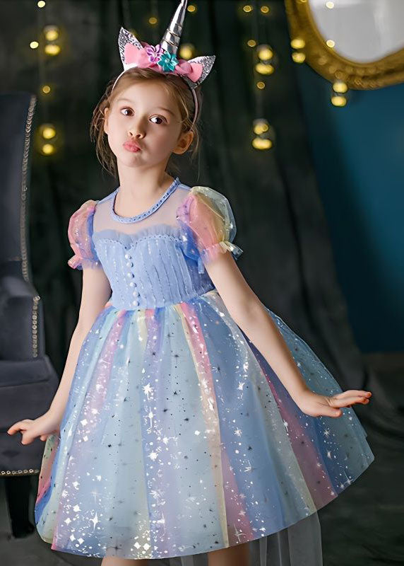 Boutique Rainbow Puff Sleeve Sequins Patchwork Tulle Baby Dress Summer