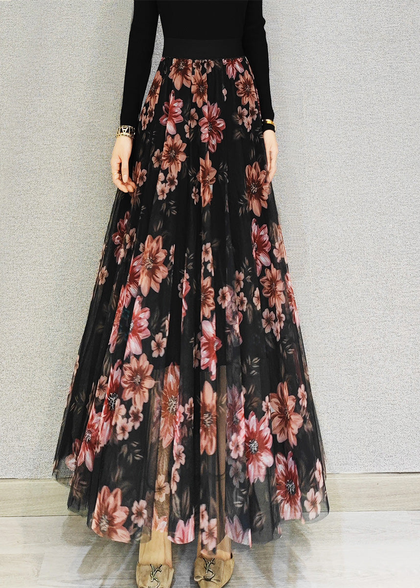 Boutique Red High Waist Draping Tulle Maxi Skirts Spring