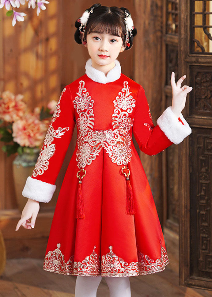 Boutique Red Fur Collar Embroideried Shawl and Dress Two Piece Set Winter
