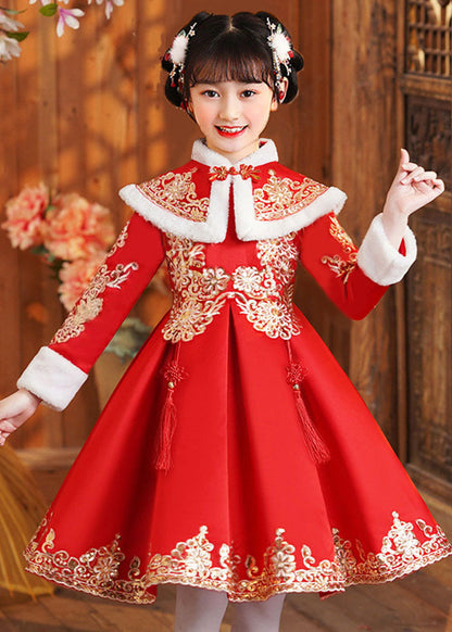 Boutique Red Fur Collar Embroideried Shawl and Dress Two Piece Set Winter