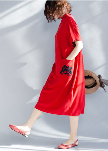 Boutique Red Turtle Neck Cotton Party Dress Short Sleeve