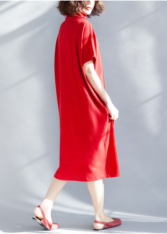 Boutique Red Turtle Neck Cotton Party Dress Short Sleeve